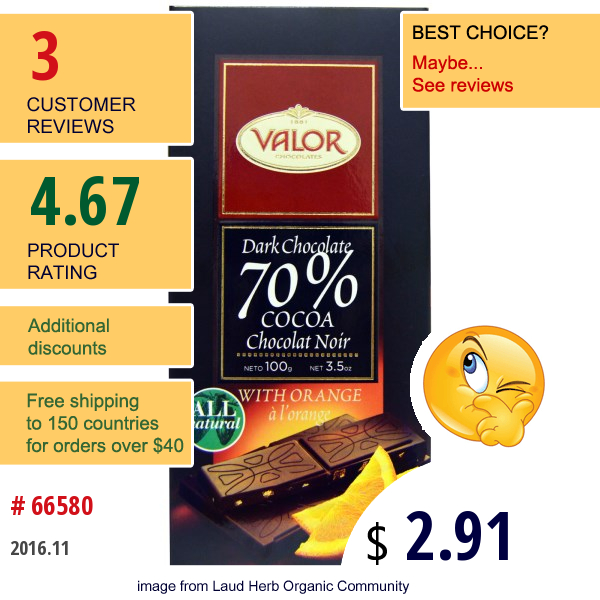 Valor, Dark Chcocolate, 70% Cocoa, With Orange, 3.5 Oz (100 G)