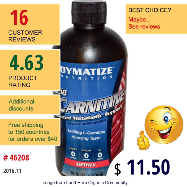 Dymatize Nutrition, Liquid L-Carnitine, Berry, 1,100 Mg, 16 Fl Oz (473 Ml)  