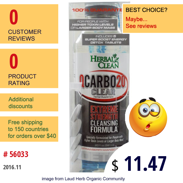 Herbal Clean, Qcarbo20 Clear, Strawberry Mango Flavor, 20 Fl Oz (591 Ml)/5 Tablets  