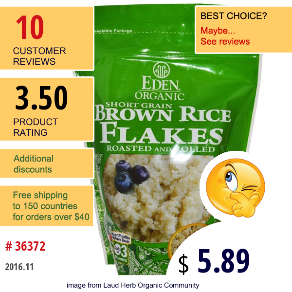 Eden Foods, Organic, Short Grain Brown Rice Flakes, Roasted And Rolled, 16 Oz (454 G)
