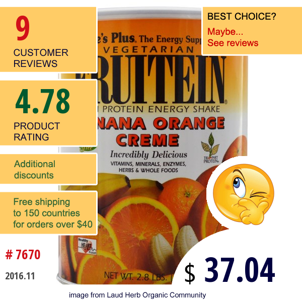 Natures Plus, Fruitein, High Protein Energy Shake, Banana Orange Creme, 2.8 Lbs (1270 G)  
