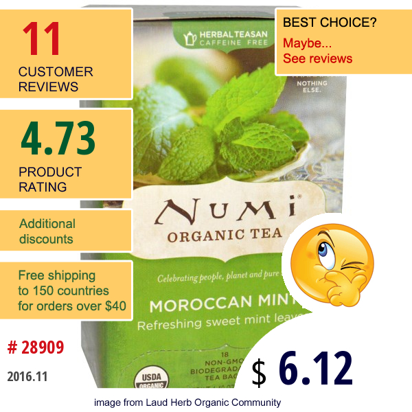 Numi Tea, Organic Herbal Teasan, Caffeine Free, Moroccan Mint, 18 Tea Bags, 1.40 Oz (39.6 G)