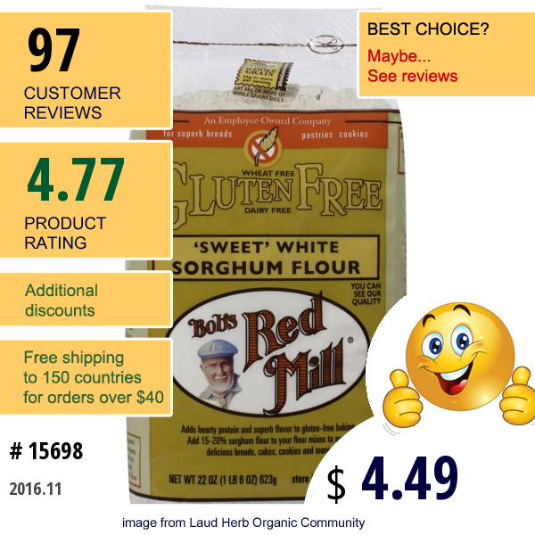 Bobs Red Mill, sweet White Sorghum Flour, Gluten Free, 22 Oz (623 G)