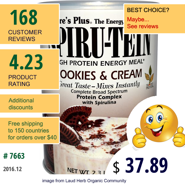 Natures Plus, Spiru-Tein, High Protein Energy Meal, Cookies & Cream, 2.3 Lbs (1050 G)