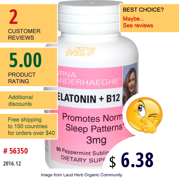 Lorna Vanderhaeghe, Melatonin + B12, 3 Mg, 60 Peppermint Sublingual Tablets  