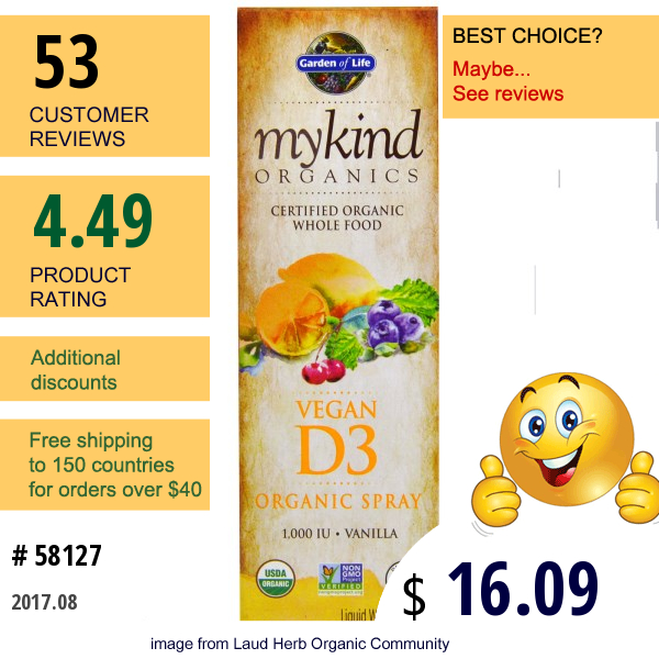 Garden Of Life, Mykind Organics, Vegan D3, Vanilla Spray, 1,000 Iu, 2 Oz (58 Ml)