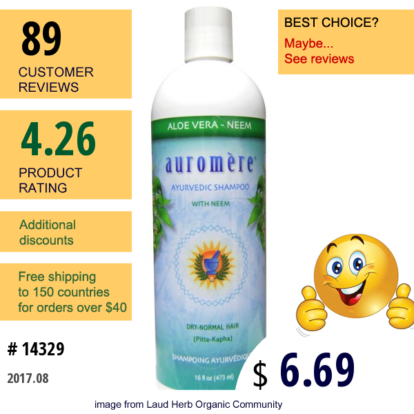 Auromere, Ayurvedic Shampoo, Aloe Vera - Neem, 16 Fl Oz (473 Ml)