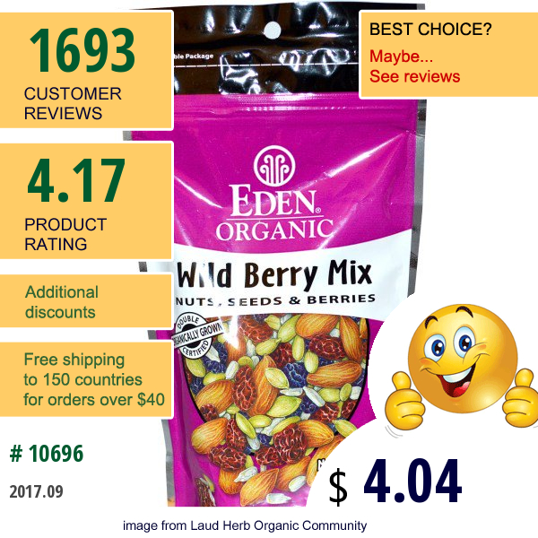 Eden Foods, Organic, Wild Berry Mix, Nuts, Seeds & Berries, 4 Oz (113 G)
