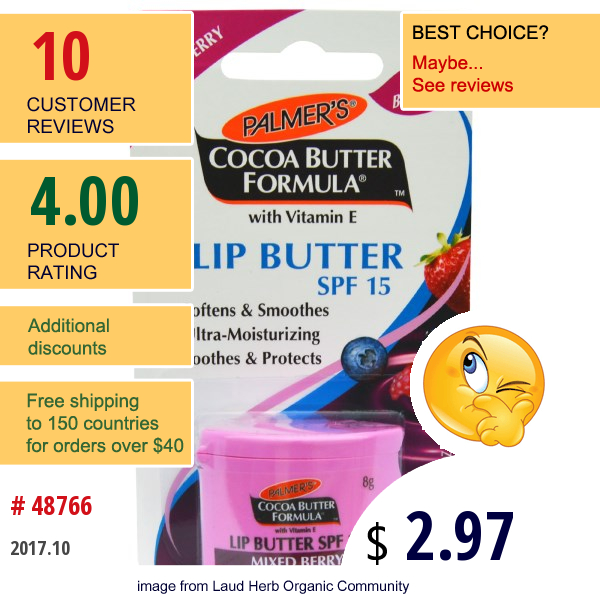 Palmers, Cocoa Butter Formula, Lip Butter, Spf 15, Wild Mixed Berry, .29 Oz (8 G)  