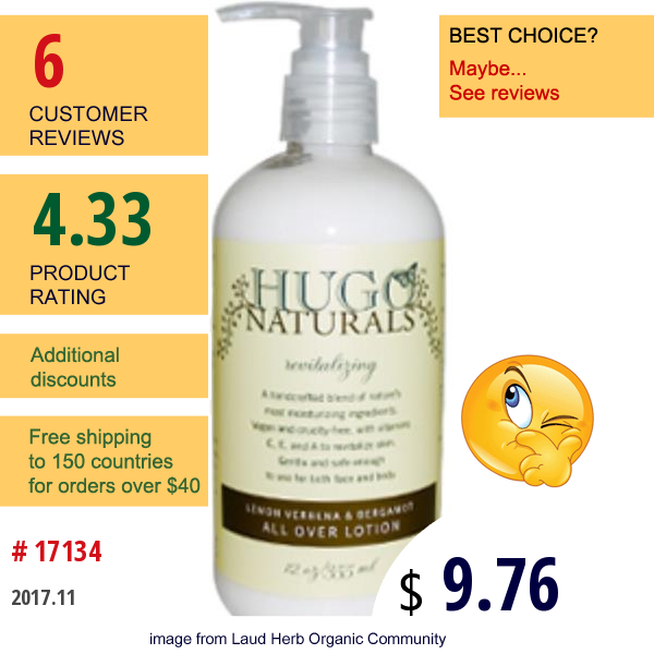 Hugo Naturals, Lemon Verbena & Begamot All Over Lotion, 12 Oz (355 Ml)  