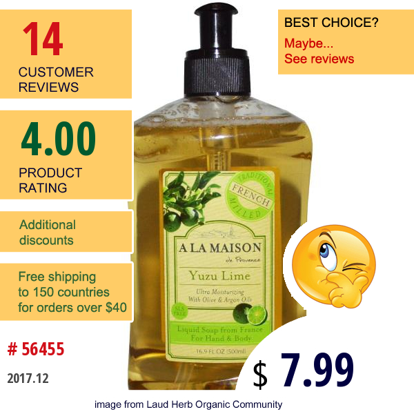 A La Maison De Provence, Hand & Body Liquid Soap, Yuzu Lime, 16.9 Fl Oz (500 Ml)