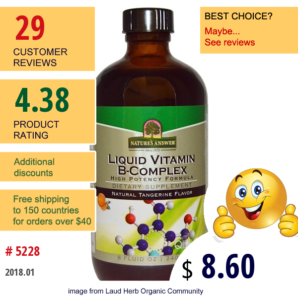 Natures Answer, Liquid Vitamin B-Complex, Natural Tangerine Flavor, 8 Fl Oz (240 Ml)