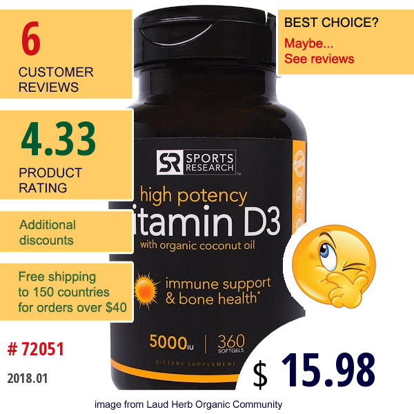 Sports Research, Vitamin D3 With Organic Coconut Oil, 5000 Iu, 360 Softgels