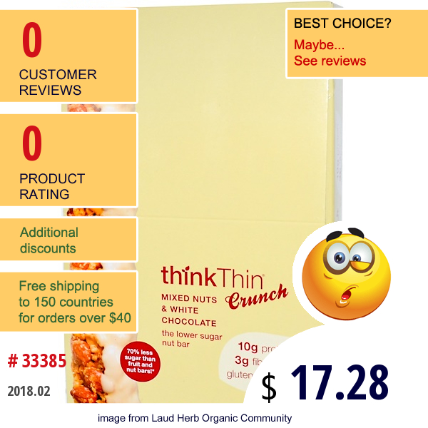 Thinkthin, Thinkthin, Crunch, Mixed Nuts & White Chocolate, 10 Bars, 40 G Each  