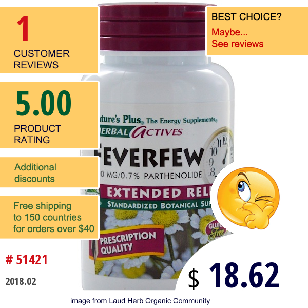 Natures Plus, Herbal Actives, Feverfew, Extended Release, 500 Mg, 60 Tabs