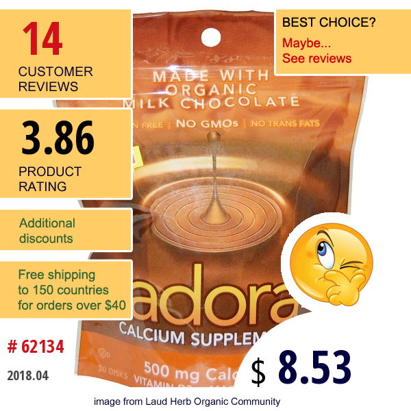 Adora, Calcium Supplement, Milk Chocolate, 30 Disks