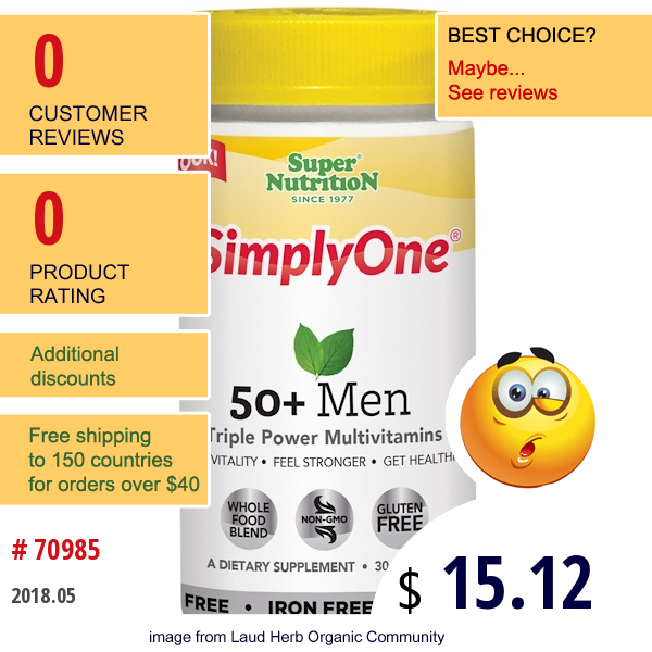 Super Nutrition, Simplyone, 50+ Men, Triple Power Multivitamins, Iron Free, 30 Tablets  