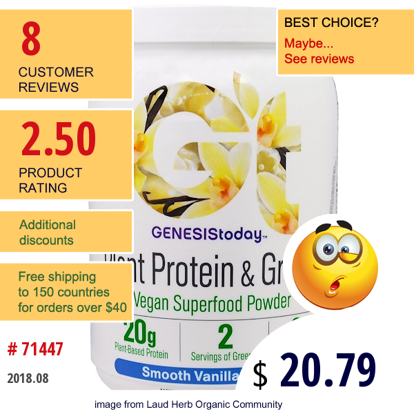 Genesis Today, Plant Protein & Greens, Vegan Superfood Powder, Smooth Vanilla Flavor, 17.39 Oz (493 G)  