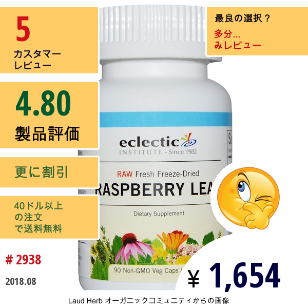 Eclectic Institute, ラズベリーの葉、 300 Mg、 90 非遺伝子組換え植物性カプセル  