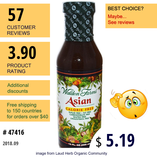 Walden Farms, Asian Dressing & Marinade, Calorie Free, 12 Fl Oz (355 Ml)