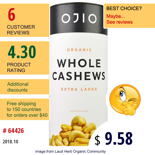 Ojio, Organic Whole Cashews, Extra Large, 8 Oz (227 G)