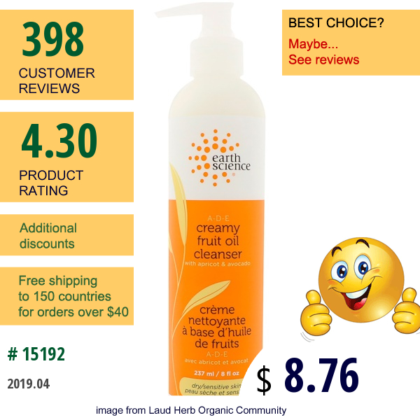Earth Science, A-D-E Creamy Fruit Oil Cleanser, Dry/sensitive Skin, 8 Fl Oz (237 Ml)