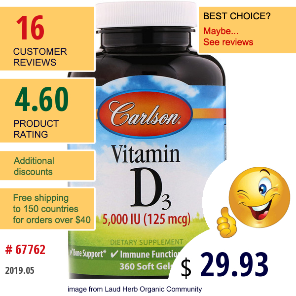 Carlson Labs, Vitamin D3, 5,000 Iu (125 Mcg), 360 Soft Gels