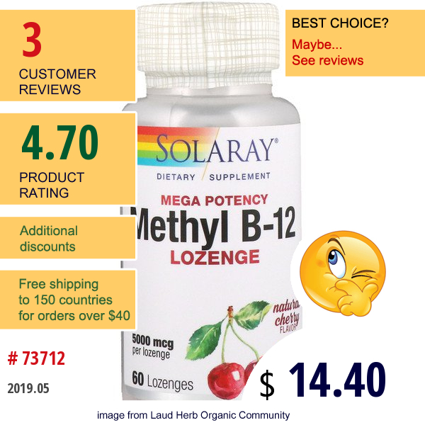 Solaray, Mega Potency Methyl B-12, Natural Cherry Flavor, 5000 Mcg, 60 Lozenges  