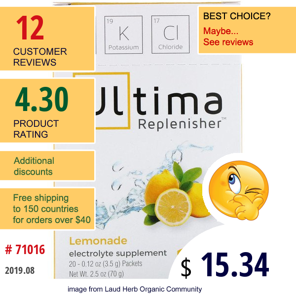 Ultima Replenisher, Electrolyte Powder, Lemonade, 20 Packets, 0.12 Oz (3.5 G) Each