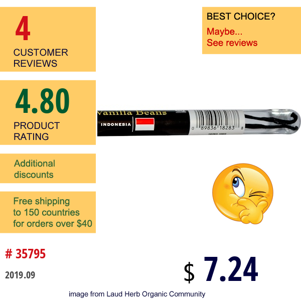 Frontier Natural Products, Organic Vanilla Beans, Woody & Robust, Indonesia, Farm Grown , 2 Beans (Approx 7 G)  