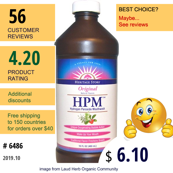 Heritage Store, Hpm, Hydrogen Peroxide Mouthwash, Original, 16 Fl Oz (480 Ml)