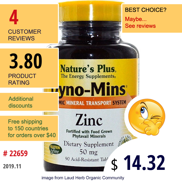 Nature'S Plus, Dyno-Mins, Zinc, 50 Mg, 90 Acid-Resistant Tablets  
