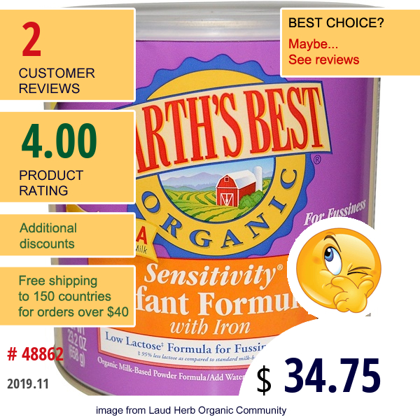 Earth'S Best, Organic, Sensitivity Infant Formula With Iron, 23.2 Oz (658 G)  