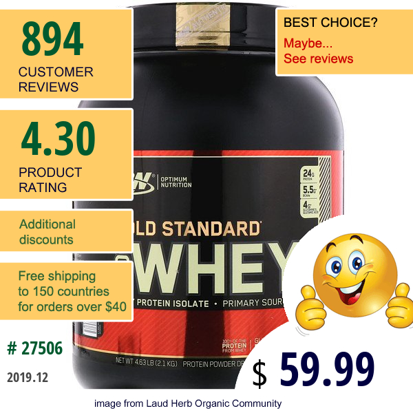 Optimum Nutrition, Gold Standard, 100% Whey, Cookies & Cream, 4.63 Lbs (2.1 Kg)