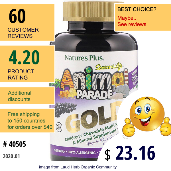 Nature'S Plus, Source Of Life Animal Parade, Gold, Children'S Chewable Multi-Vitamin & Mineral Supplement, Natural Grape Flavor, 120 Animal-Shaped Tablets