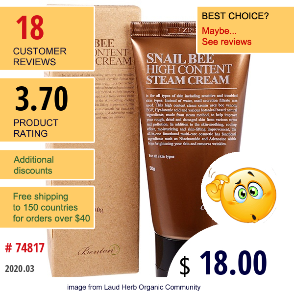 Benton, Snail Bee High Content Steam Cream, 50 G  