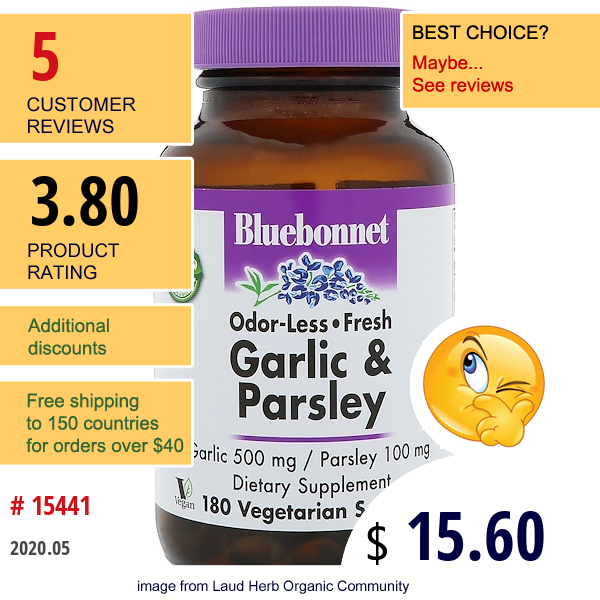 Bluebonnet Nutrition, Garlic & Parsley, 180 Vegetarian Softgels  