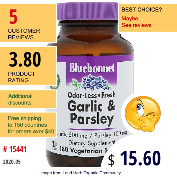 Bluebonnet Nutrition, Garlic & Parsley, 180 Vegetarian Softgels Bluebonnet Nutrition, Garlic & Parsley, 180 Vegetarian Softgels