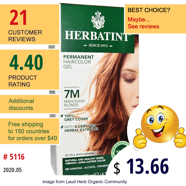 Herbatint, Permanent Haircolor Gel, 7M, Mahogany Blonde, 4.56 Fl Oz (135 Ml)  