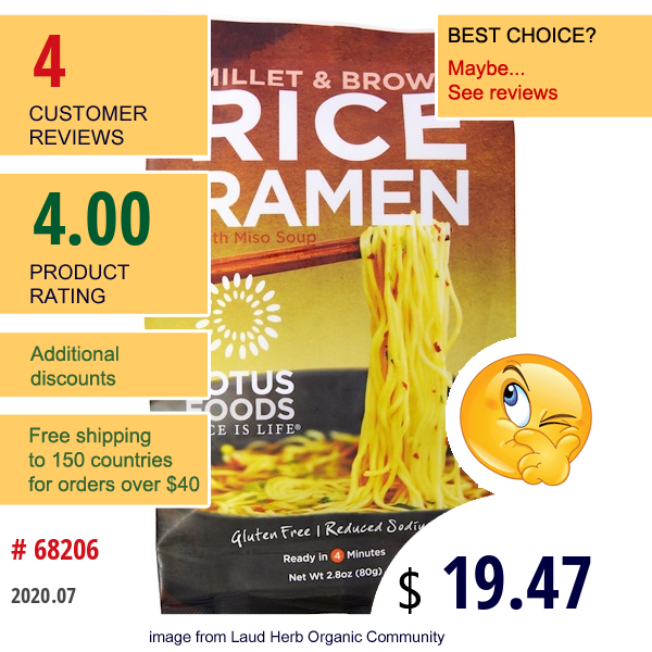 Lotus Foods, Millet & Brown Rice Ramen, With Miso Soup, 10 Packs, 2.8 Oz (80 G) Each  