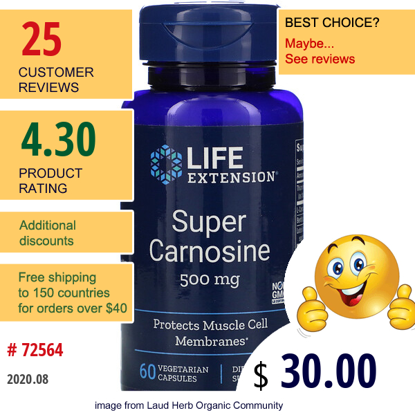 Life Extension, Super Carnosine, 500 Mg, 60 Vegetarian Capsules
