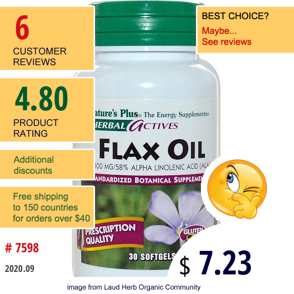 Nature'S Plus, Herbal Actives, Flax Oil, 30 Softgels  