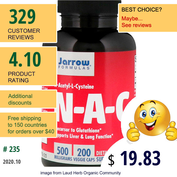 Jarrow Formulas, N-A-C N-Acetyl-L-Cysteine, 500 Mg, 200  Veggie Caps