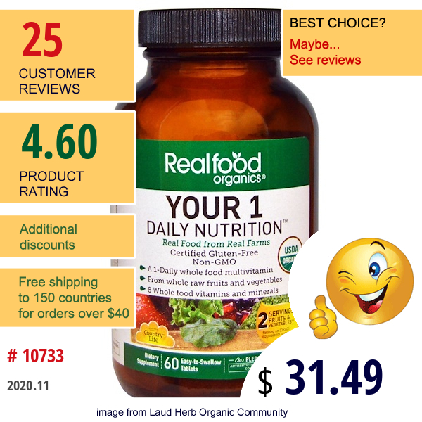 Country Life, Realfood Organics, Your 1 Daily Nutrition, 60 Easy-To-Swallow Tablets  