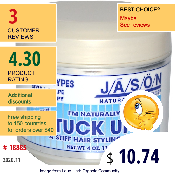 Jason Natural, I'M Naturally Stuck Up!, A Stiff Hair Styling Wax, 4 Oz (119 G)  