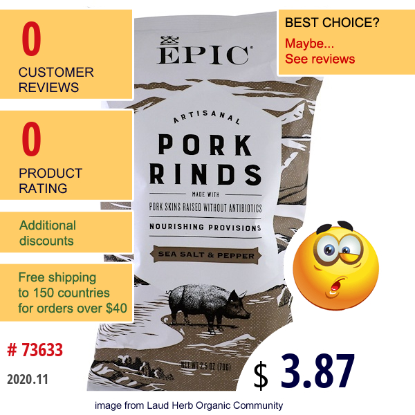 Epic Bar, Artisanal Pork Rinds, Sea Salt & Pepper, 2.5 Oz (70 G)  