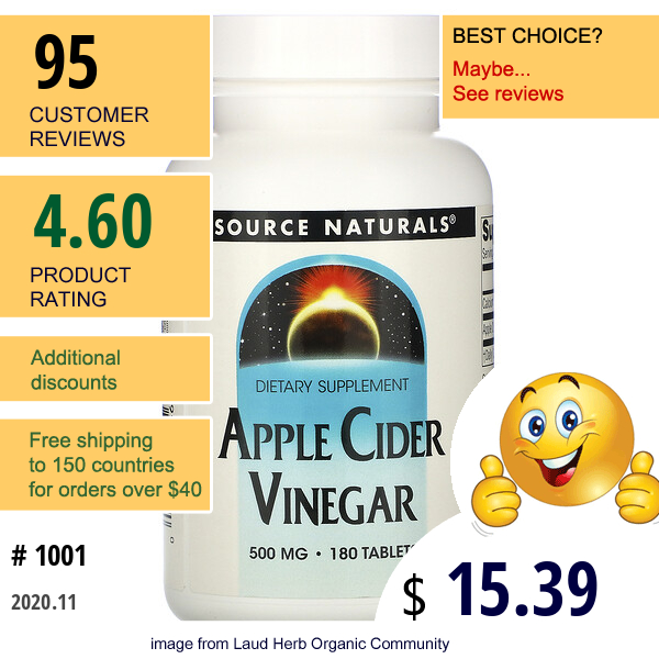 Source Naturals, Apple Cider Vinegar, 500 Mg, 180 Tablets