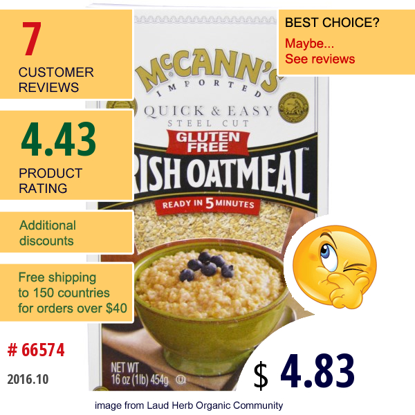 Mccanns Irish Oatmeal, Quick & Easy, Steel Cut, Gluten Free, Irish Oatmeal, 16 Oz (454 G)