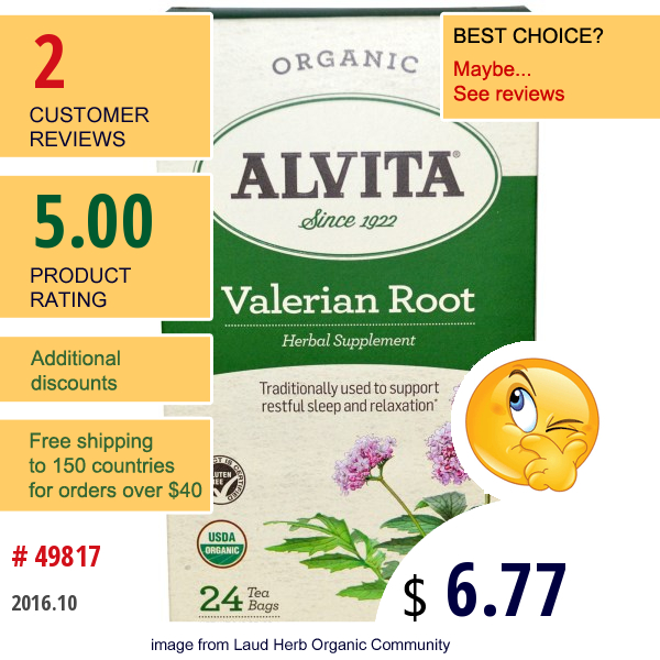 Alvita Teas, Valerian Root, Organic, Caffeine Free, 24 Bags, 2.12 Oz (60 G)  