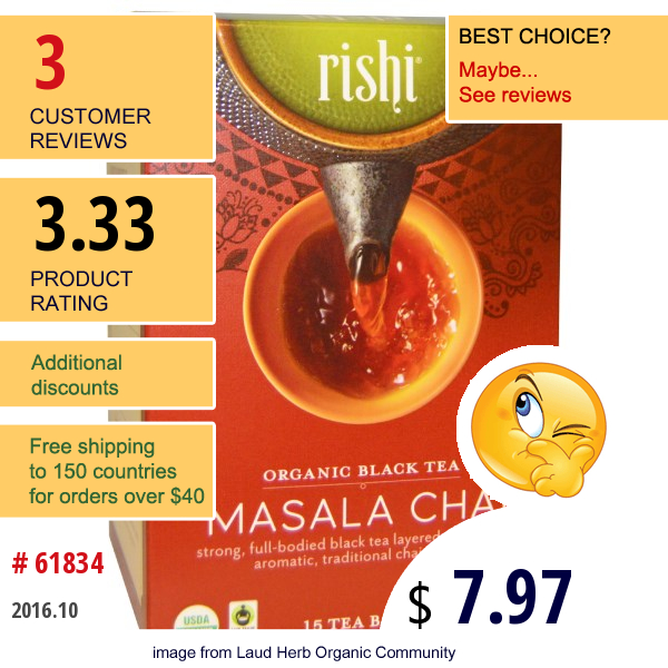 Rishi Tea, Organic Black Tea, Masala Chai, 15 Tea Bags, 1.85 Oz (52.5 G) Each